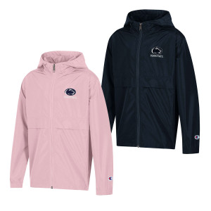 youth full zip hooded jackets pink and navy with Penn State below Athletic Logo on left chests